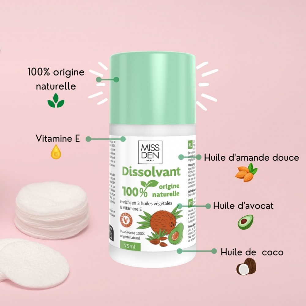 Dissolvant 100% origine naturelle Miss Den enrichie aux trois huiles végétales