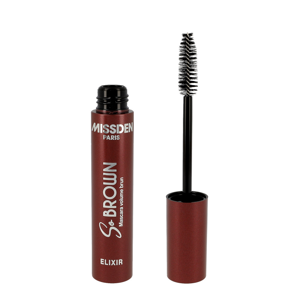 Mascara brun So Brown Elixir Miss Den ouvert avec brosse volume