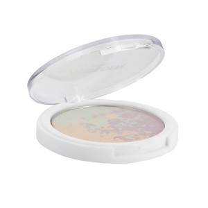 Poudre compacte correctrice Miss Den Paris ouverte, texture marbrée lavande, verte et pêche pour unifier le teint